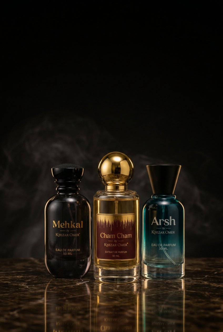 Mehkal, Cham Cham and Arsh fragrances by Khizar Omer on dark marble