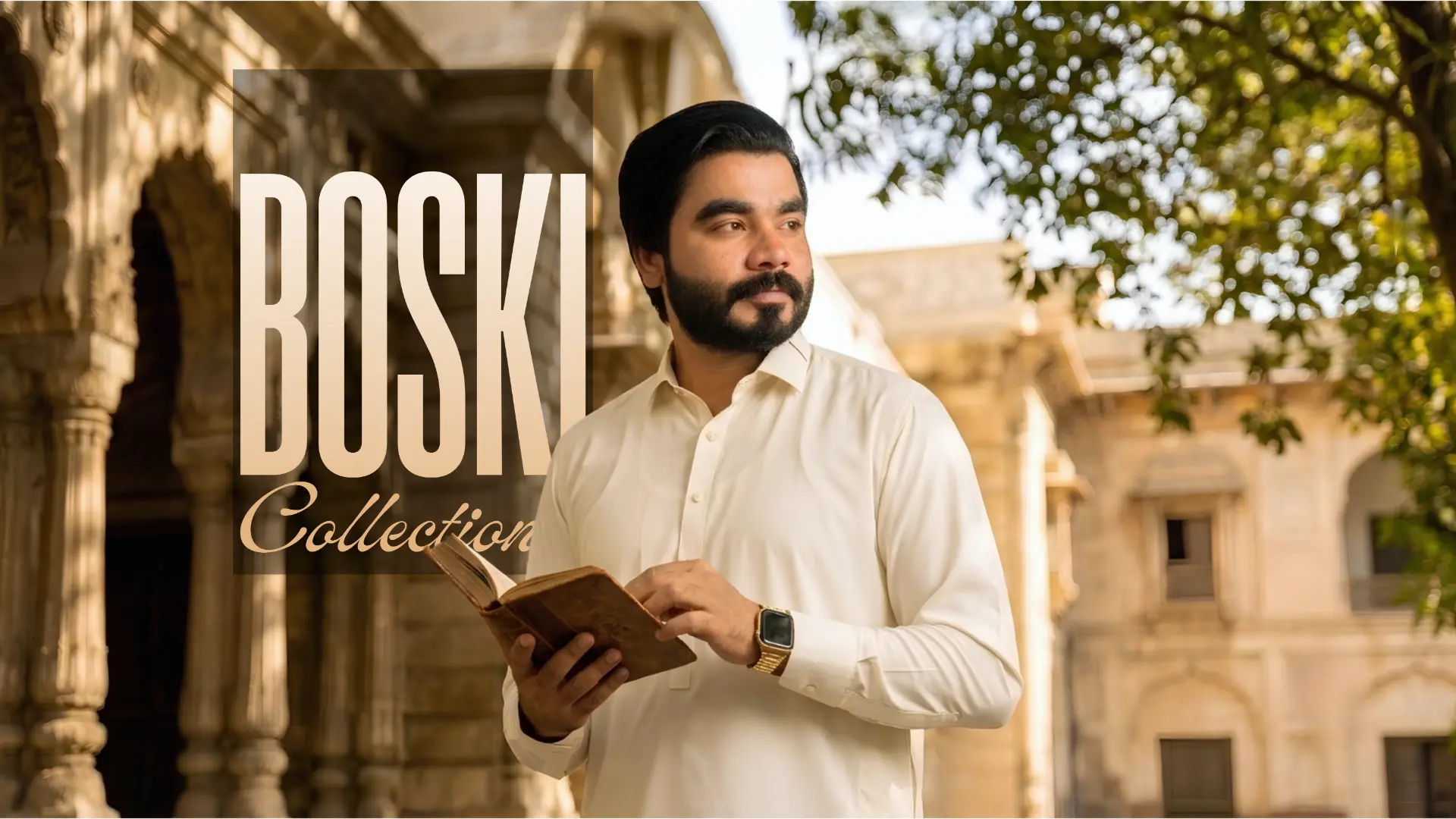 Khizar Omer in an ivory Meeras Boski kameez inside a sunlit haveli courtyard