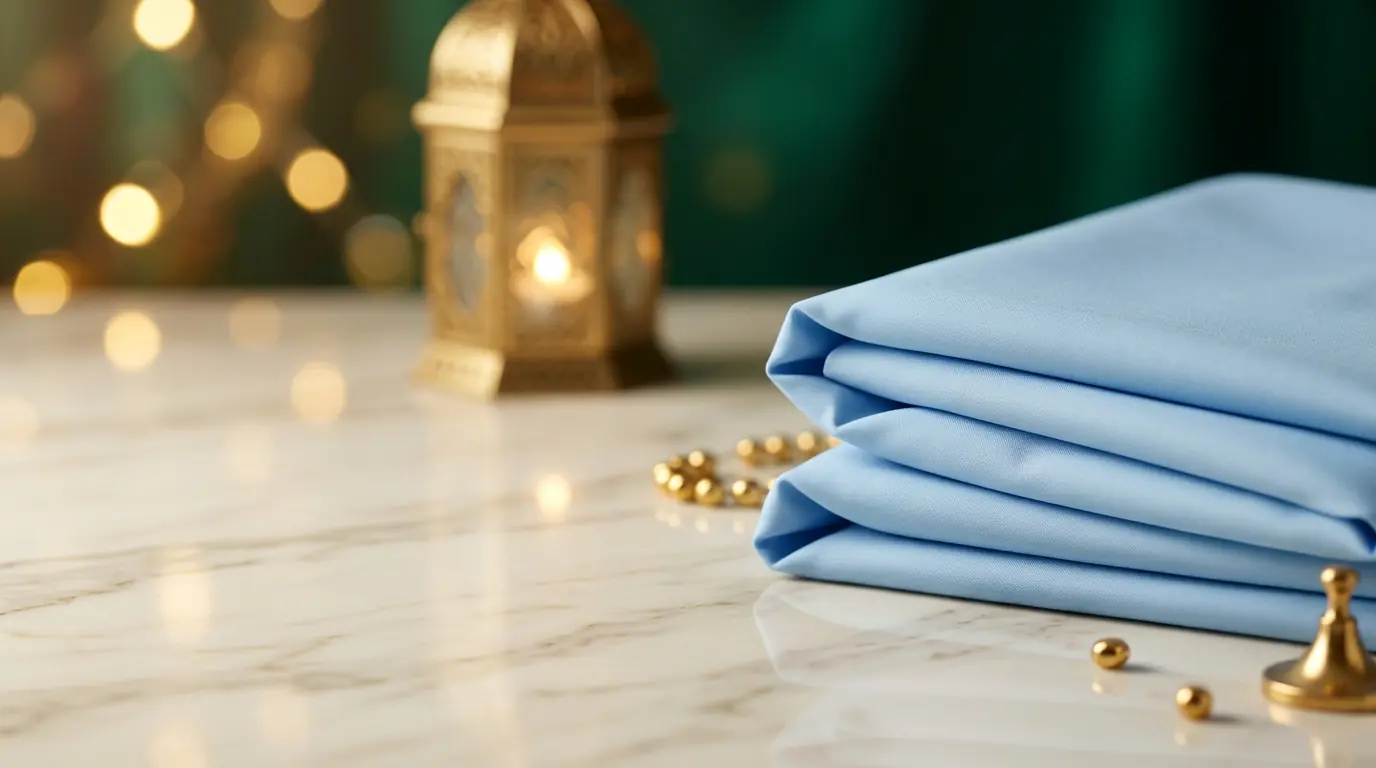 Sky blue unstitched fabric on marble — seasonal campaign
