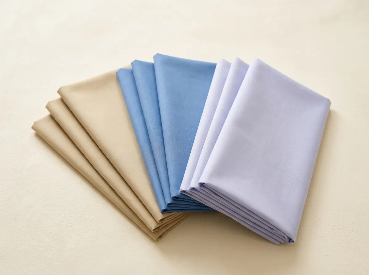 Three folded cotton suit lengths fanned side by side on a warm ivory surface