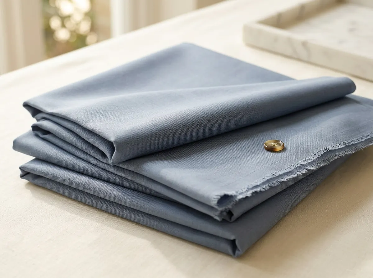 Lightweight Eagle wash & wear fabric folded in a neat stack in bright daylight