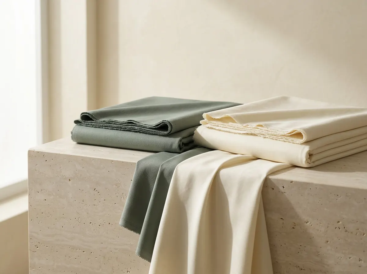 Four-season Vivex and Meeras Boski fabric folded and draped over a stone plinth