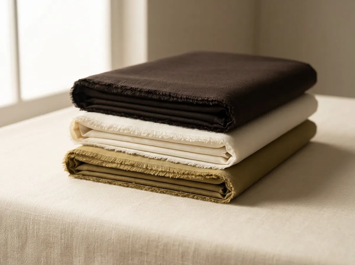 Folded Wavy and Magic Cord wash & wear fabric lengths stacked on ivory linen