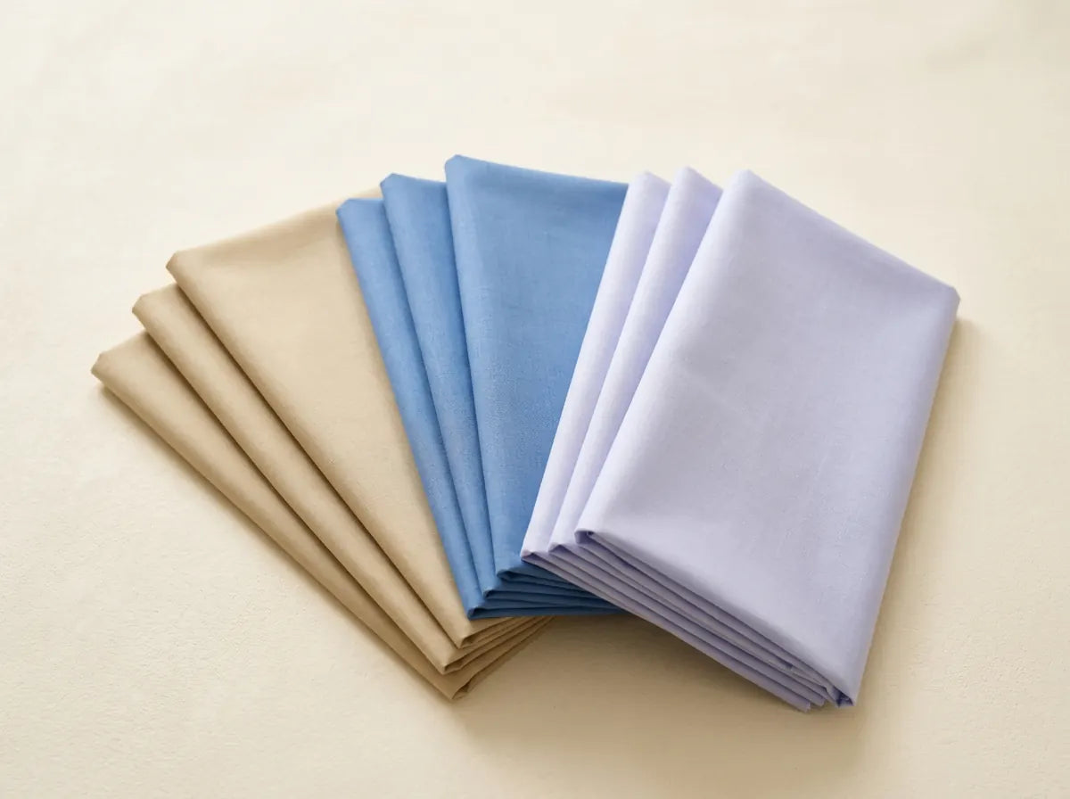 Three folded cotton suit lengths fanned side by side on a warm ivory surface