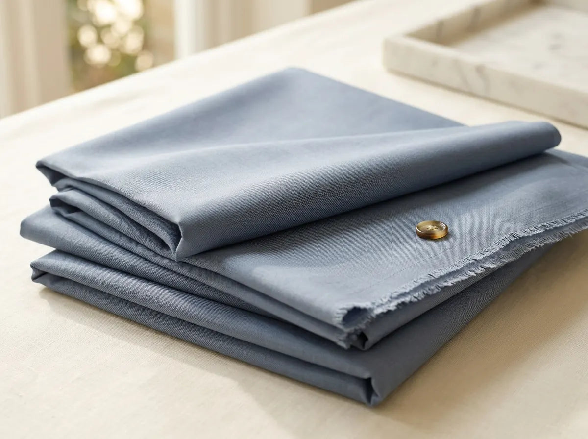 Lightweight Eagle wash & wear fabric folded in a neat stack in bright daylight