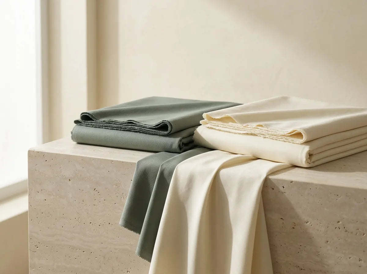 Four-season Vivex and Meeras Boski fabric folded and draped over a stone plinth