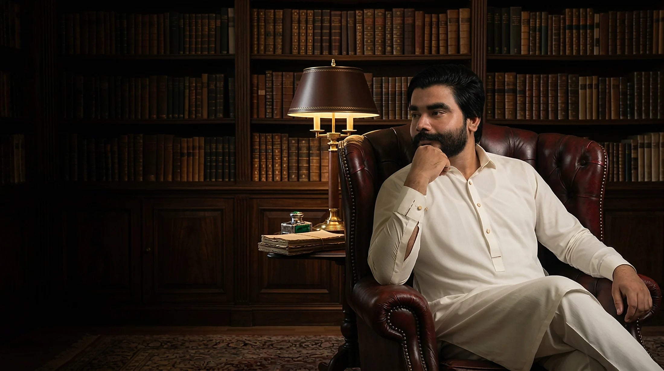 Khizar Omer seated in a leather armchair in a walnut-panelled library, wearing an ivory kameez